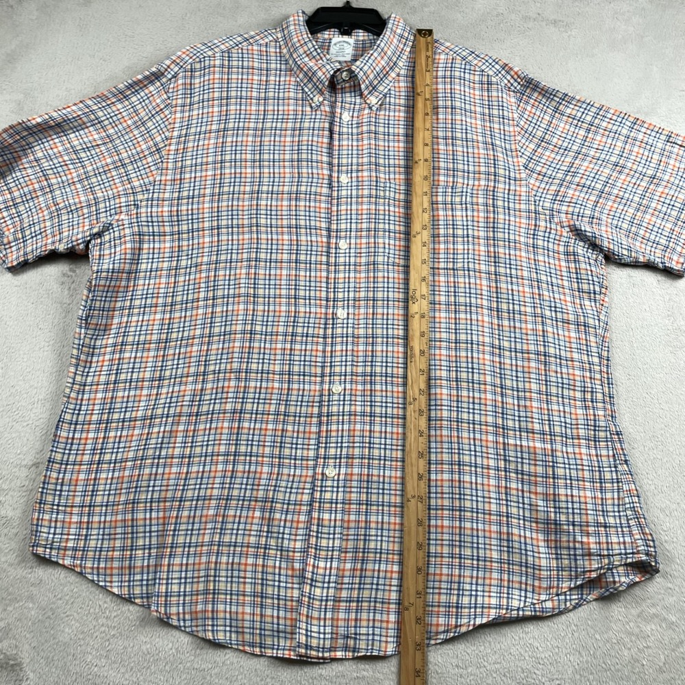 Brooks Brothers Shirt Men 2XL Blue Orange Plaid 100% Linen Short Sleeve Button - Picture 5 of 8